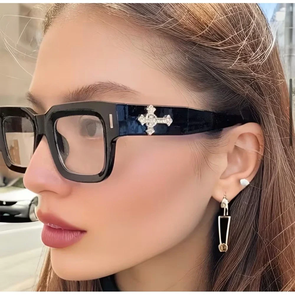Black Crystal Cross Decor Fashion Glasses Rectangular Clear Lens